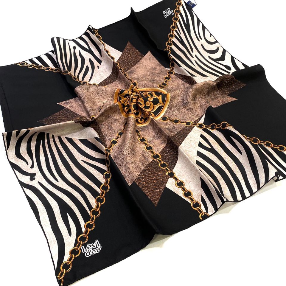Levidor Siyah, Zebra Ve Zincir Desenli İpek Eşarp 8689058355483