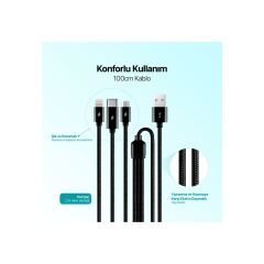 Ttec 2DK39S AlumiCable Trio Şarj Kablosu 1mt. USB-A - USB-C / Lightning / Micro USB