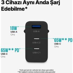 Ttec 2SCG03S SmartCharger Trio GAN 65W 2 USB-C+USB-A PD Seyahat Hızlı Şarj Aleti