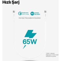 Ttec 2DK47B USB-C - USB-C 30cm 65W PD/QC Hızlı Şarj/Data Kablosu Beyaz