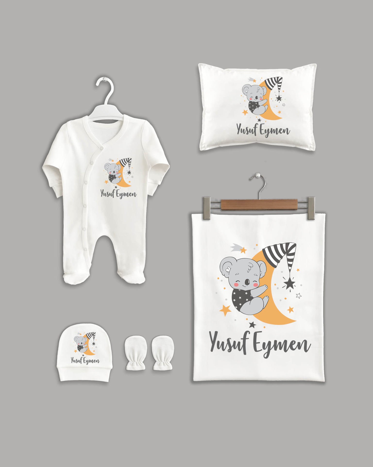 Aya Tutunan Koala Modeli 5'li Organik İsme Özel Hastane Çıkışı