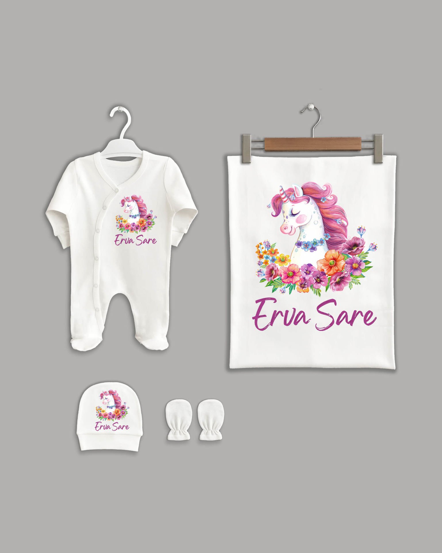 Çiçekli Unicorn Modeli 4'lü Organik İsme Özel Hastane Çıkışı