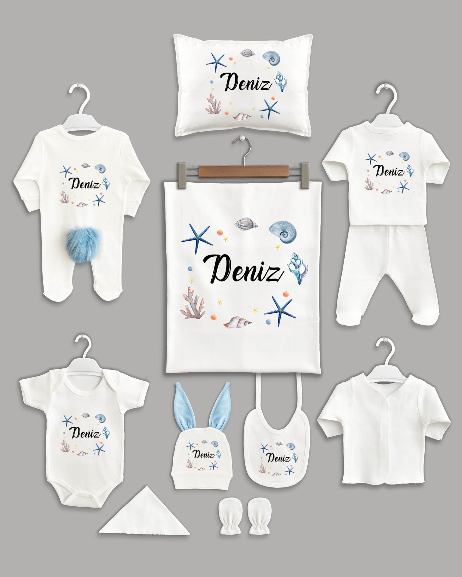Deniz Temalı Ponponlu 11'li Organik İsme Özel Hastane Çıkışı