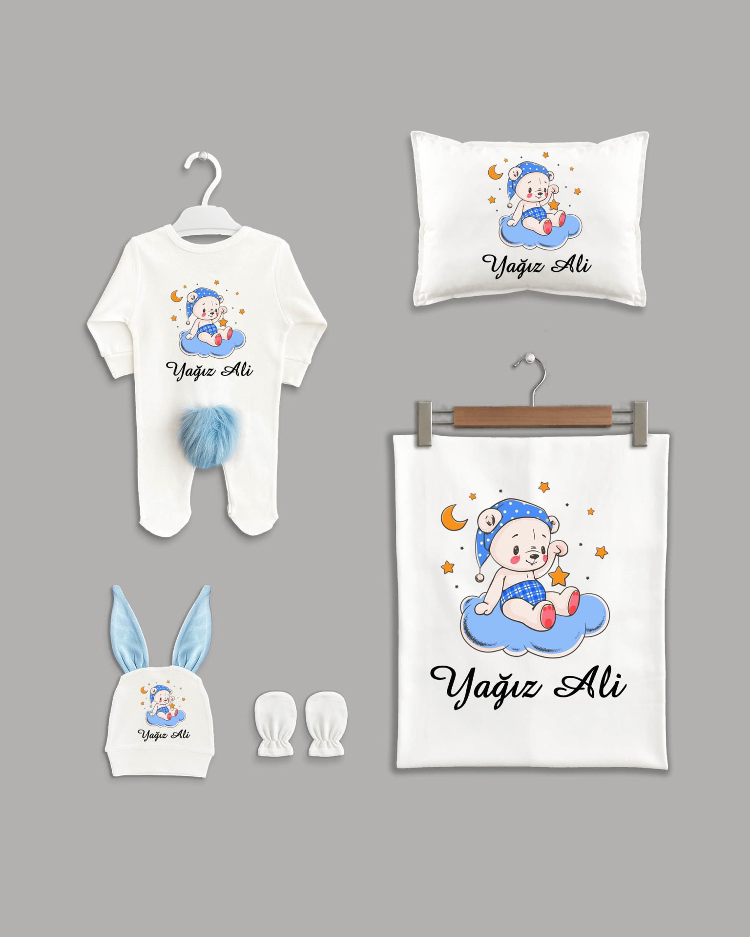 Bulutta Sevimli Ayıcık Desenli Ponponlu 5'li Organik İsme Özel Hastane Çıkışı