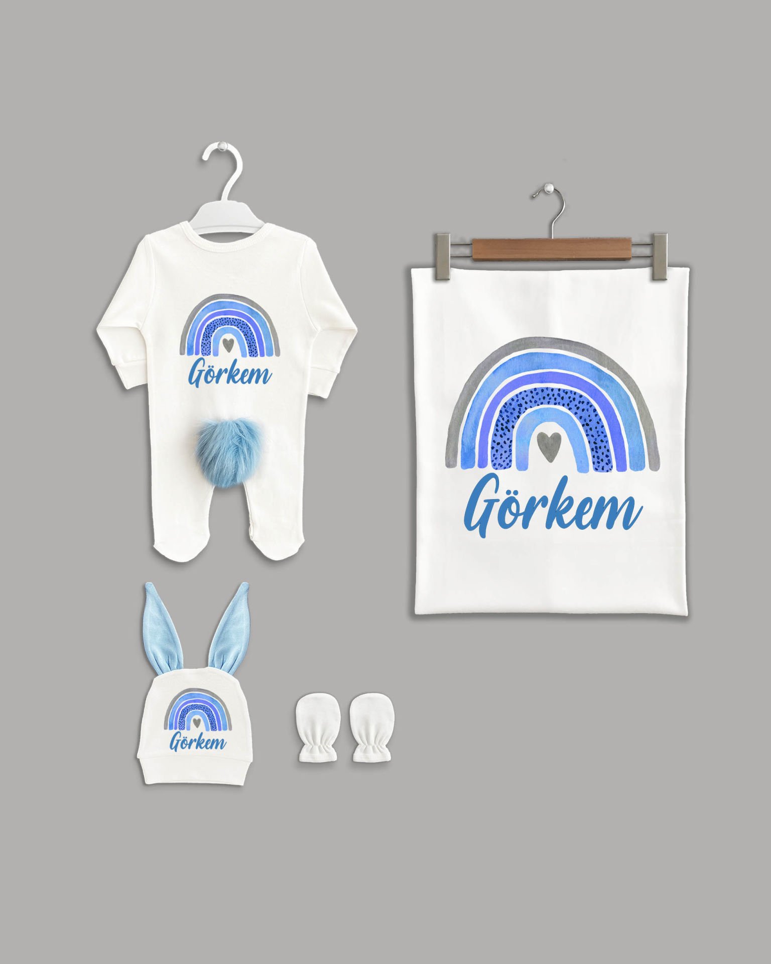 Gökkuşağı Modeli Ponponlu 4'lü Organik İsme Özel Hastane Çıkışı