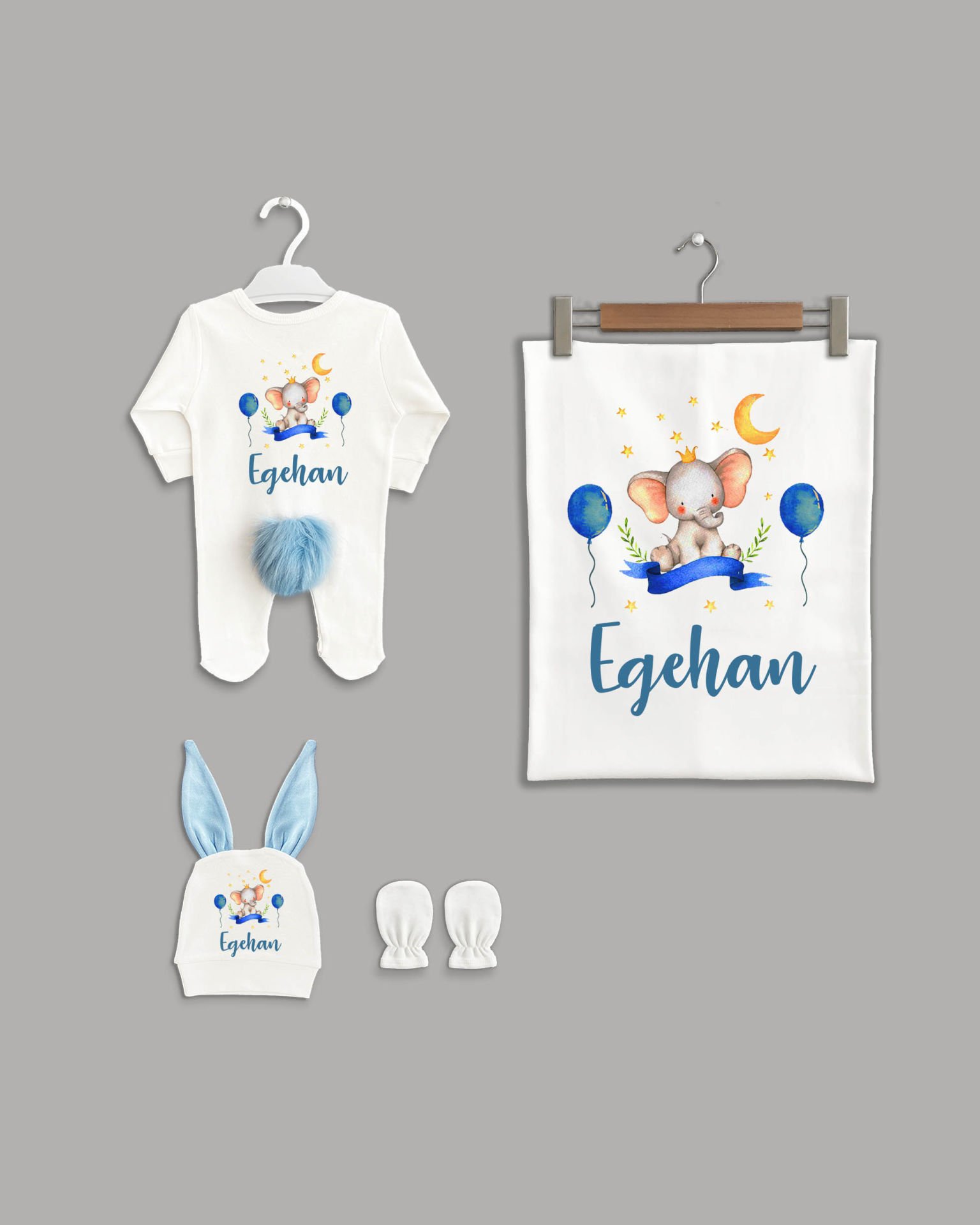 Balonlu Fil Modeli Ponponlu 4'lü Organik İsme Özel Hastane Çıkışı