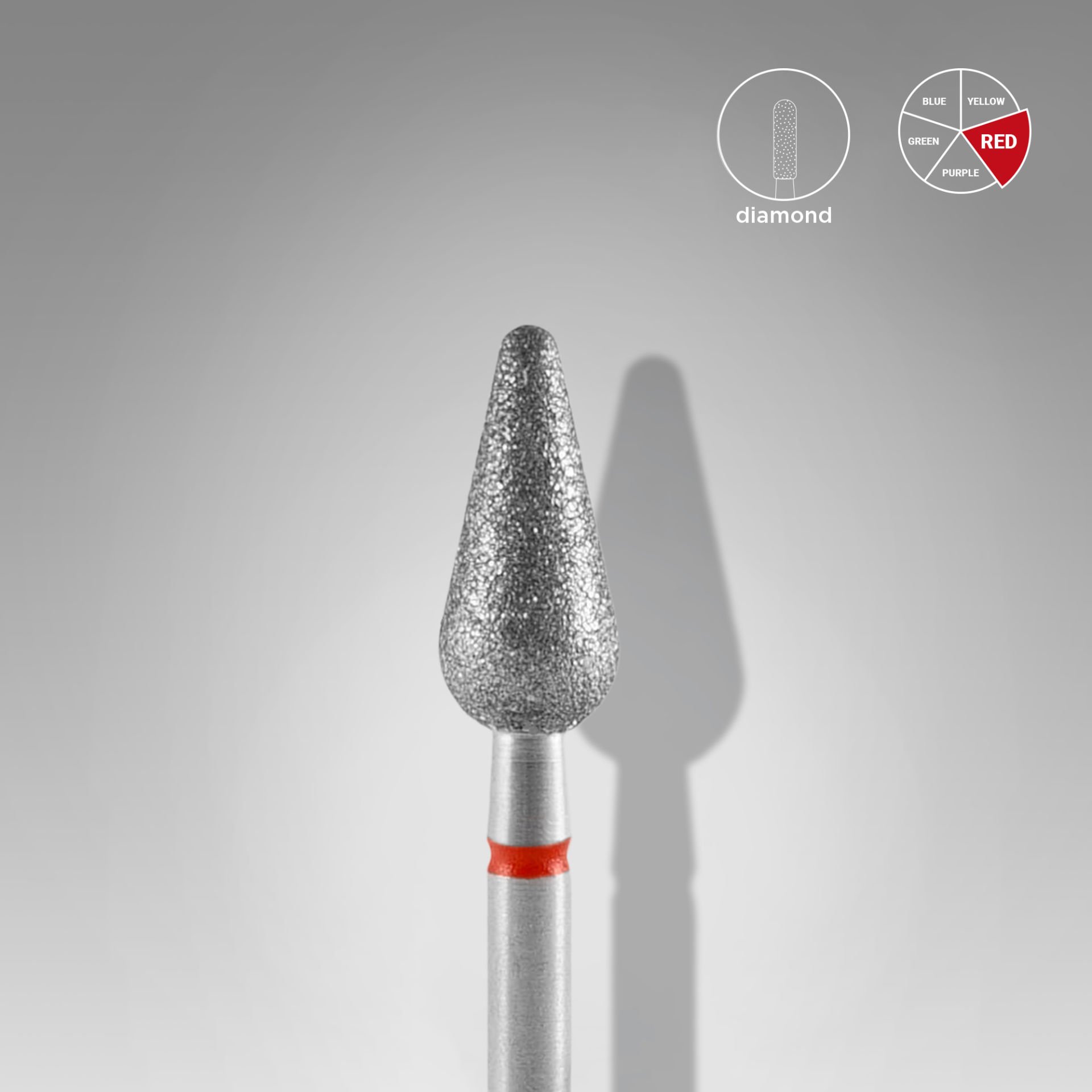 Elmas Yuvarlanmış Armut Freze, Kırmızı, Çap 5 mm, Çalışma Kısmı 12 mm