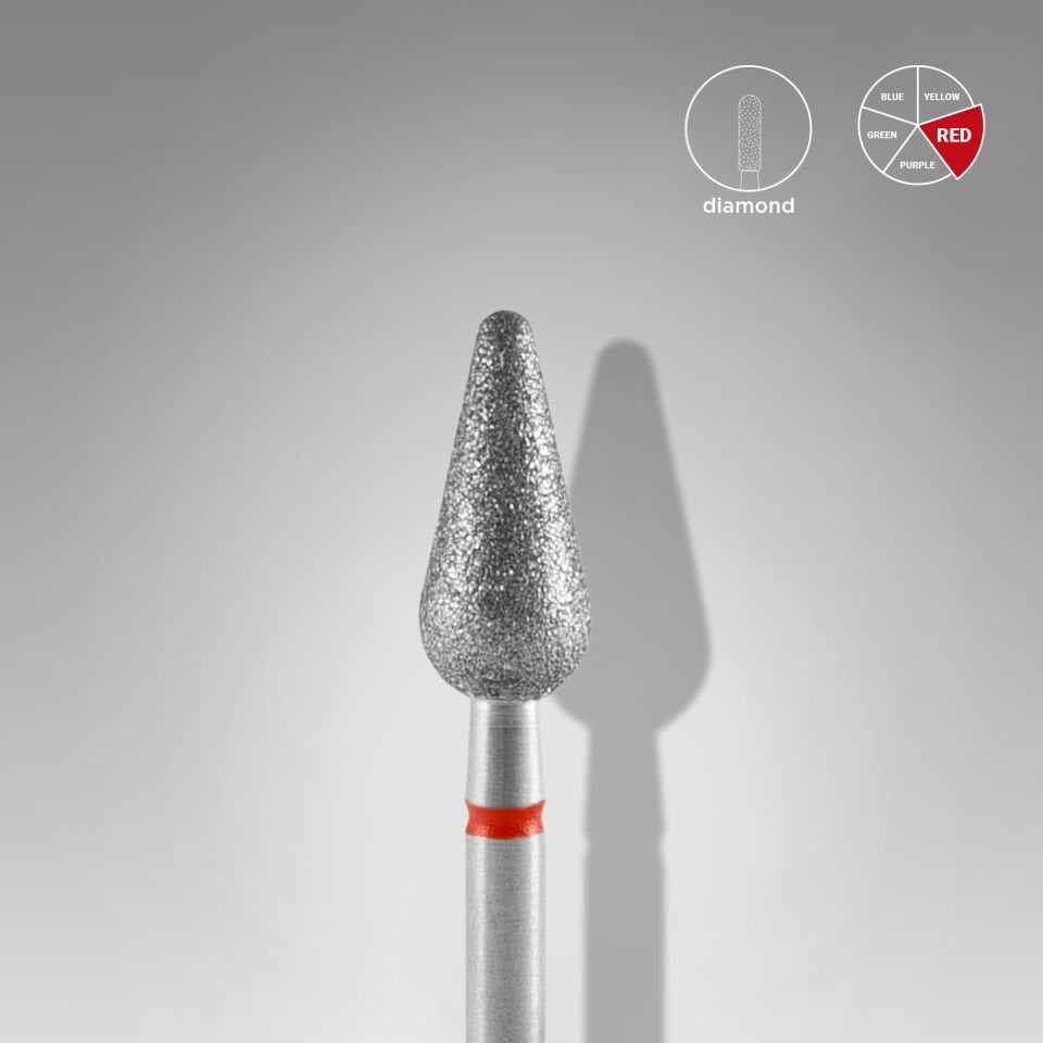 Elmas Yuvarlanmış Armut Freze, Kırmızı, Çap 5 mm, Çalışma Kısmı 12 mm
