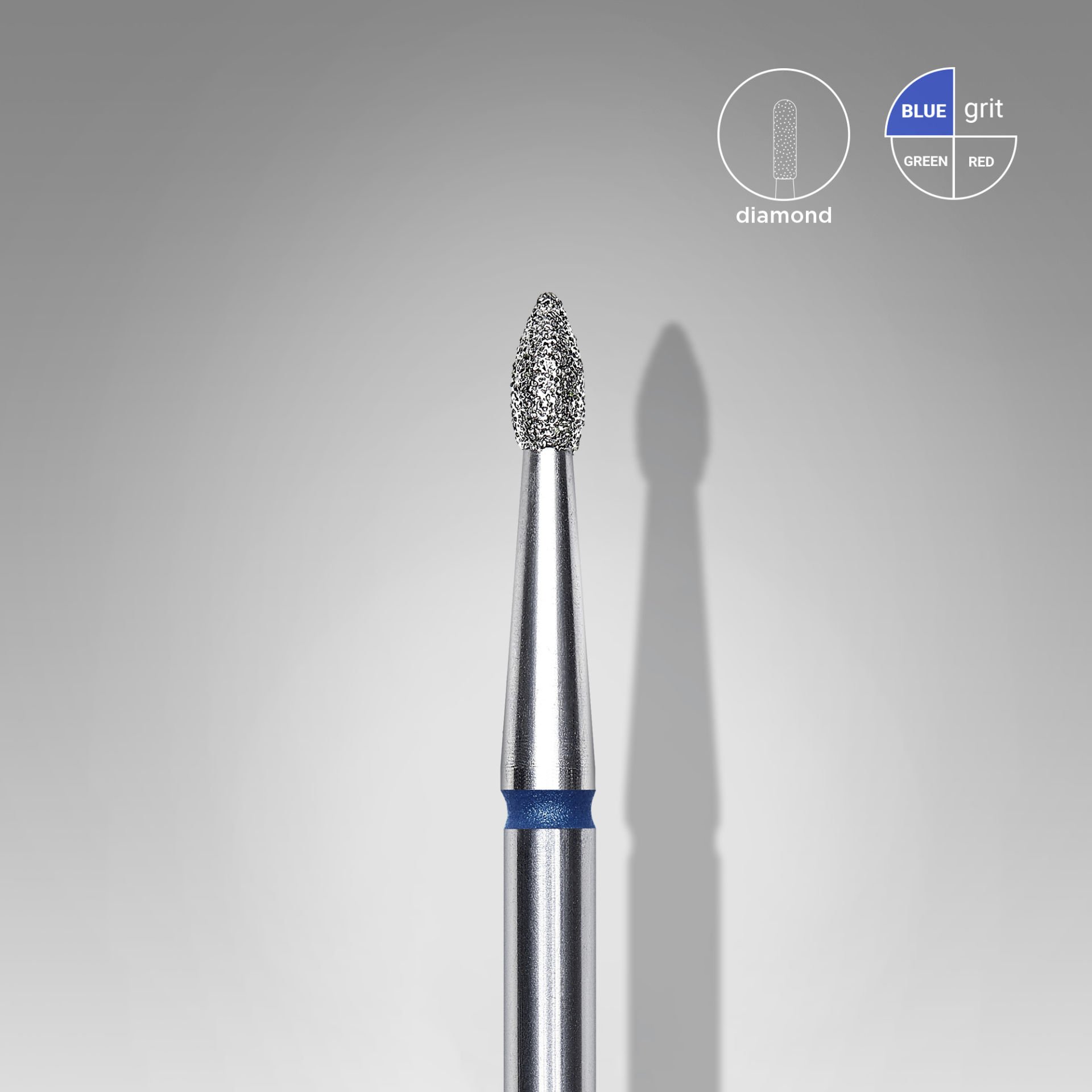 Elmas Sivri tomurcuk freze ucu, Mavi, Çap 1,8 mm, Çalışma Kısmı 4 mm