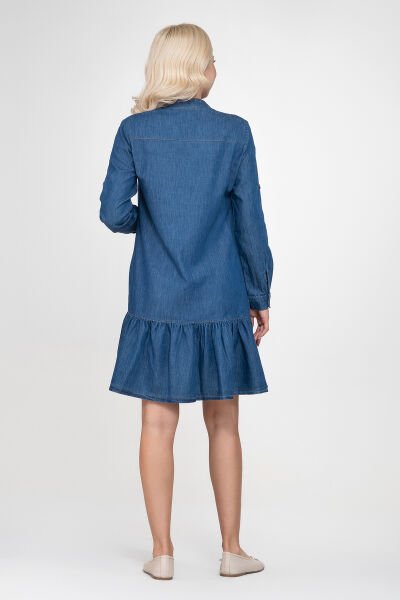 Bold & Young  Kadın Cepli Kol Britli Etek Ucu Büzgülü Katlanır Kol Gömlek Elbise 3XL - indigo
