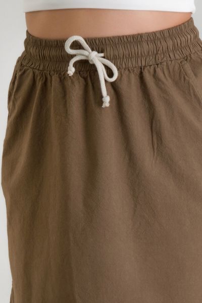 Kadın Yırtmaçlı Kordonlu Cepli Pamuklu Dokuma Kumaş Etek Haki - XL