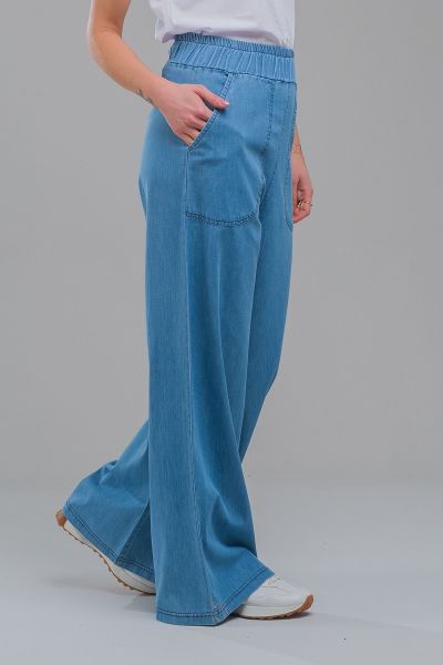 Kadın indigo Renk Cepli Bol Paça Beli Lastikli İnce Kot Pantolon indigo açık mavi - XL