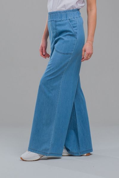 Kadın indigo Renk Cepli Bol Paça Beli Lastikli İnce Kot Pantolon indigo açık mavi - XL