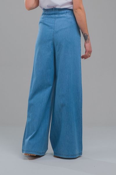 Kadın indigo Renk Cepli Bol Paça Beli Lastikli İnce Kot Pantolon indigo açık mavi - XL