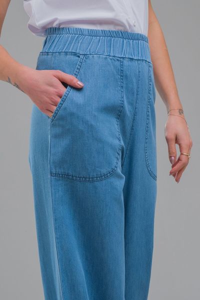 Kadın indigo Renk Cepli Bol Paça Beli Lastikli İnce Kot Pantolon indigo açık mavi - XL