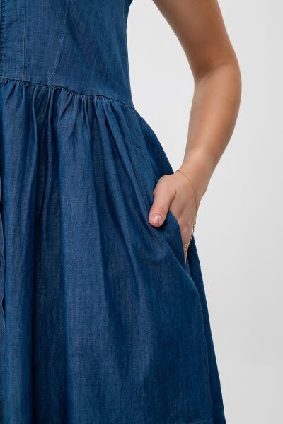 Bold & Young Kadın Cepli Büzgülü Askılı Kare Yaka Düğmeli Elbise XL - indigo