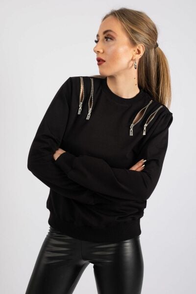 Kadın Metal Fermuarlı Kaşkorseli Sweatshirt Siyah - M