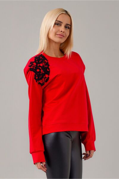 Kadın Kırmızı Renk Vatkalı Güpür Aplikeli Örme Kumaş Penye Sweatshirt Kırmızı - S
