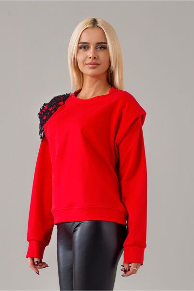Kadın Kırmızı Renk Vatkalı Güpür Aplikeli Örme Kumaş Penye Sweatshirt Kırmızı - S