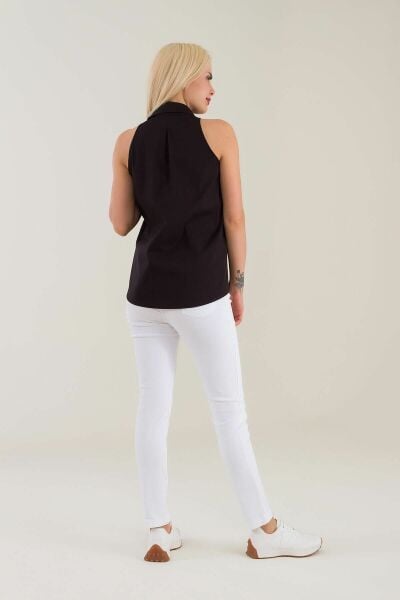 Kadın Kolsuz Omuz Açık Likralı Poplin Gömlek Siyah - XL
