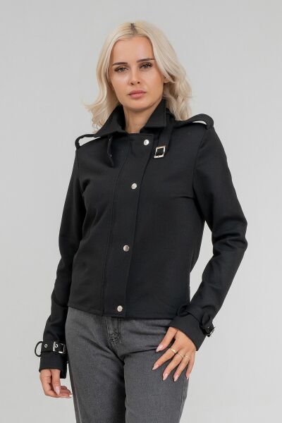 Kadın Viskon Polyester Likralı Kumaş Kol Ucu Toka Bantlı Kuş Gözü Aksesuarlı Çıt Çıtlı Cepli  Ceket Siyah - 2XL