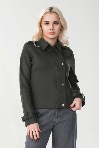 Kadın Viskon Polyester Likralı Kumaş Kol Ucu Toka Bantlı Kuş Gözü Aksesuarlı Çıt Çıtlı Cepli  Ceket Haki - M