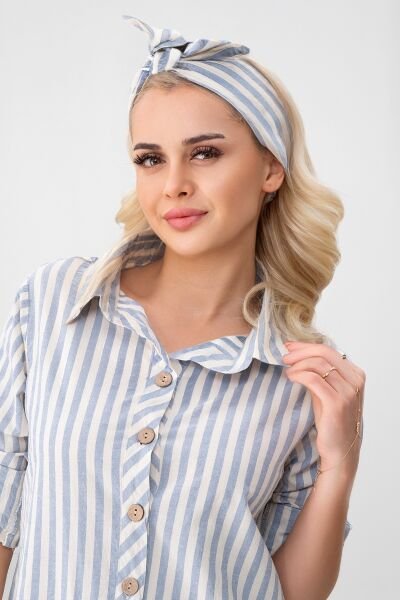 BOLD & YOUNG Kadın Cepli Çizgili Pamuklu Düğmeli Yırtmaçlı Gömlek Elbise mavi ekru çizgili - XXXL
