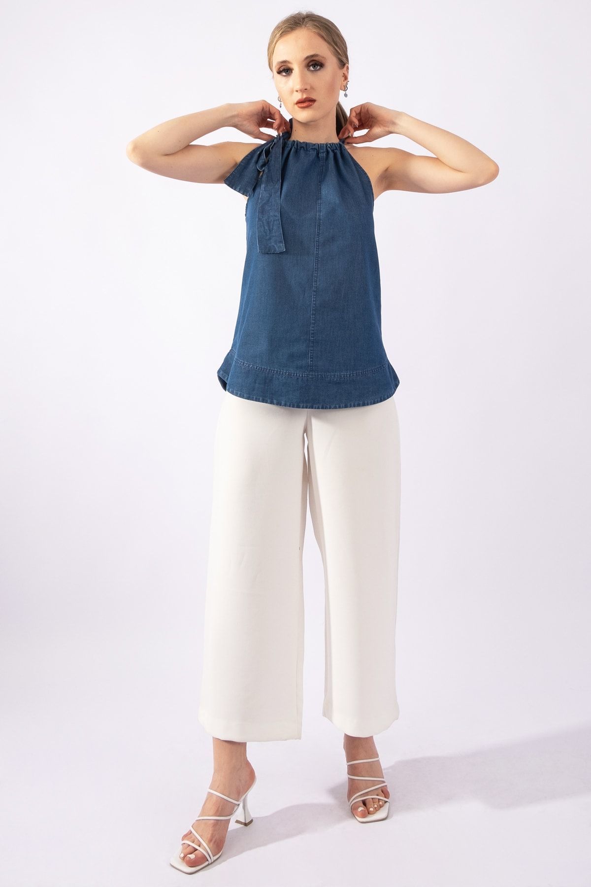Kadın Mavi Renk Boyundan Bağlamalı Örme Kumaş Penye Tunik indigo mavi - XL