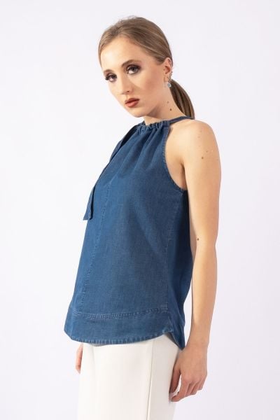 Kadın Mavi Renk Boyundan Bağlamalı Örme Kumaş Penye Tunik indigo mavi - XL
