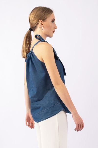 Kadın Mavi Renk Boyundan Bağlamalı Örme Kumaş Penye Tunik indigo mavi - XL
