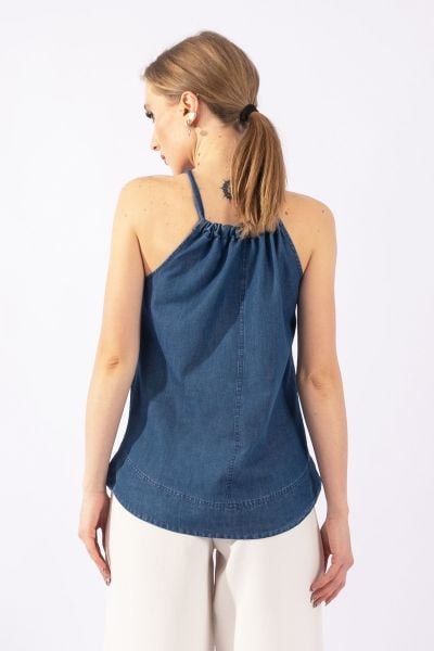 Kadın Mavi Renk Boyundan Bağlamalı Örme Kumaş Penye Tunik indigo mavi - XL