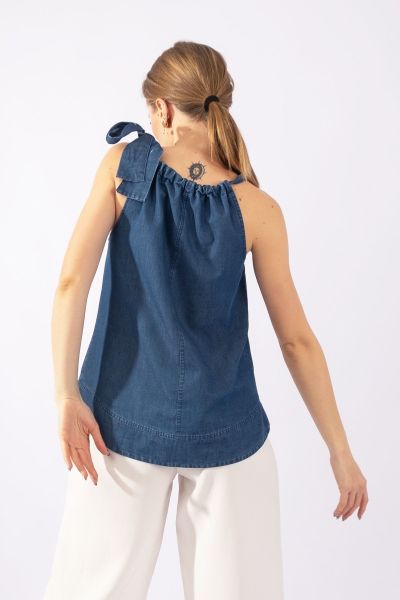 Kadın Mavi Renk Boyundan Bağlamalı Örme Kumaş Penye Tunik indigo mavi - XL