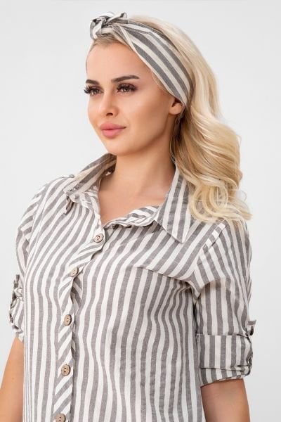 BOLD & YOUNG Kadın Cepli Çizgili Pamuklu Düğmeli Yırtmaçlı Gömlek Elbise M