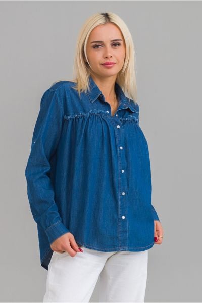 Kadın Pis Dikişli Pamuklu Denim Kumaş Çıtçıtlı Kol Britli Kot Gömlek L - indigo