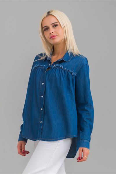 Kadın Pis Dikişli Pamuklu Denim Kumaş Çıtçıtlı Kol Britli Kot Gömlek L - indigo
