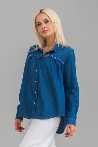 Kadın Pis Dikişli Pamuklu Denim Kumaş Çıtçıtlı Kol Britli Kot Gömlek L - indigo
