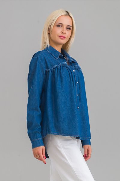 Kadın Pis Dikişli Pamuklu Denim Kumaş Çıtçıtlı Kol Britli Kot Gömlek L - indigo