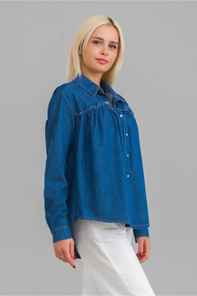 Kadın Pis Dikişli Pamuklu Denim Kumaş Çıtçıtlı Kol Britli Kot Gömlek L - indigo