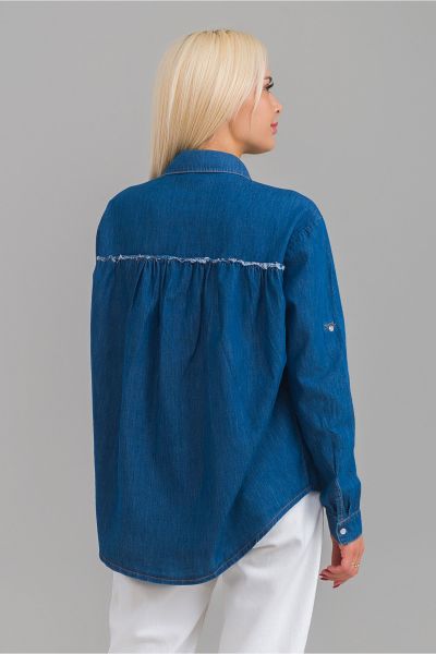 Kadın Pis Dikişli Pamuklu Denim Kumaş Çıtçıtlı Kol Britli Kot Gömlek L - indigo