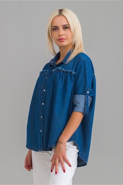 Kadın Pis Dikişli Pamuklu Denim Kumaş Çıtçıtlı Kol Britli Kot Gömlek L - indigo