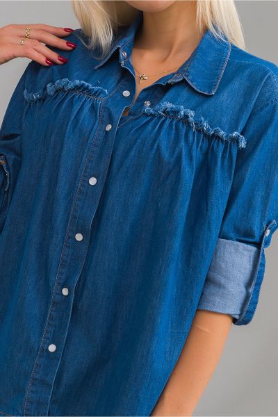 Kadın Pis Dikişli Pamuklu Denim Kumaş Çıtçıtlı Kol Britli Kot Gömlek L - indigo