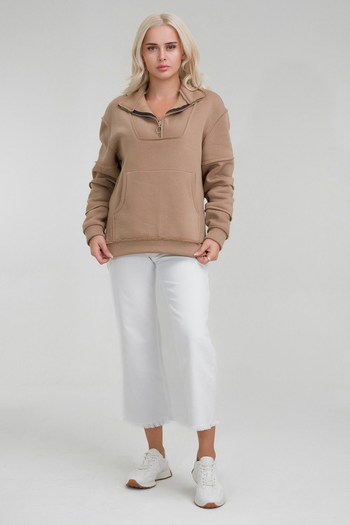Kadın Pamuk İçi Şardonlu Pis Dikişli Kangru Cepli Yarım Pat Fermuarlı Sweatshirt CAMEL - L