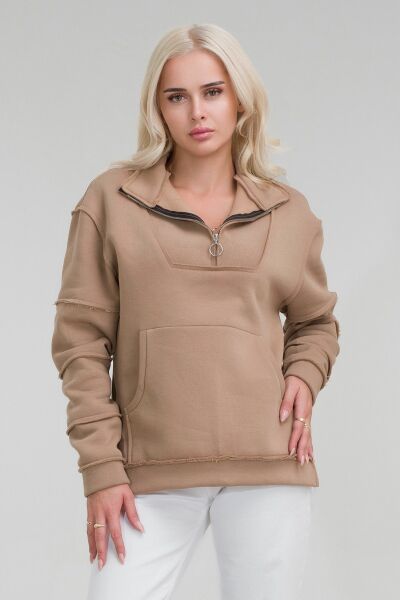 Kadın Pamuk İçi Şardonlu Pis Dikişli Kangru Cepli Yarım Pat Fermuarlı Sweatshirt CAMEL - L