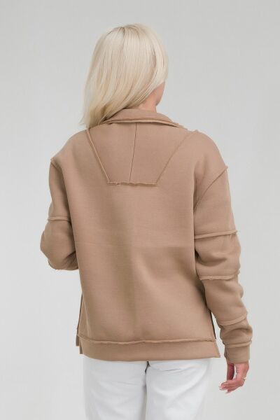 Kadın Pamuk İçi Şardonlu Pis Dikişli Kangru Cepli Yarım Pat Fermuarlı Sweatshirt CAMEL - L