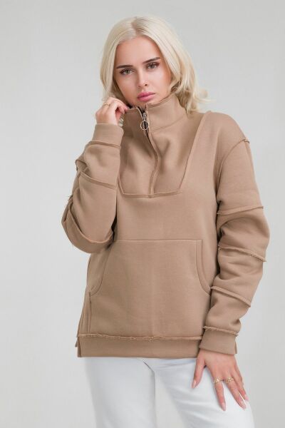 Kadın Pamuk İçi Şardonlu Pis Dikişli Kangru Cepli Yarım Pat Fermuarlı Sweatshirt CAMEL - L