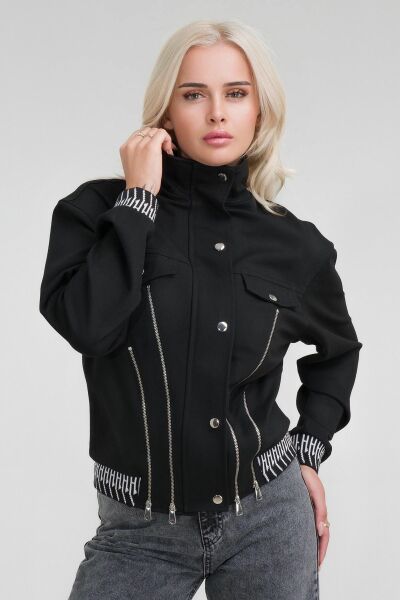 Kadın Viskon Polyester Likralı Kumaş Fermuar Aksesuarlı Kaşkorseli Cepli  Ceket