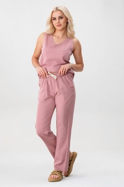 Bold & Young Kadın Çift Cepli Beli Lastikli Kordonlu Pantolon Pudra - XXL