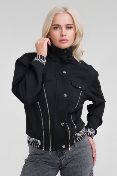 Kadın Viskon Polyester Likralı Kumaş Fermuar Aksesuarlı Kaşkorseli Cepli  Ceket Siyah - S