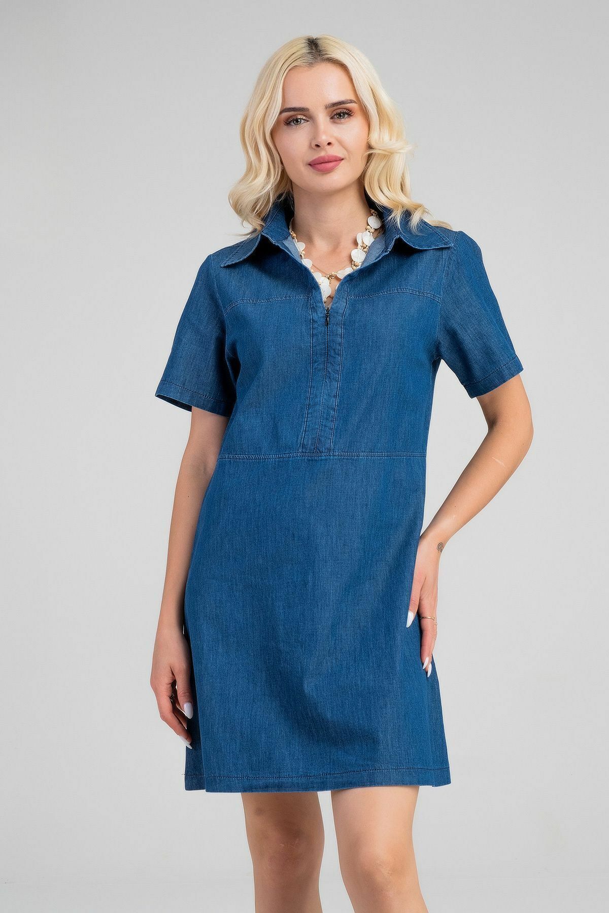 Kadın İndigo Yarım Pat Fermuarlı Kısa Kollu Gömlek Yakalı İnce Kot  Elbise indigo koyu mavi - 2XL