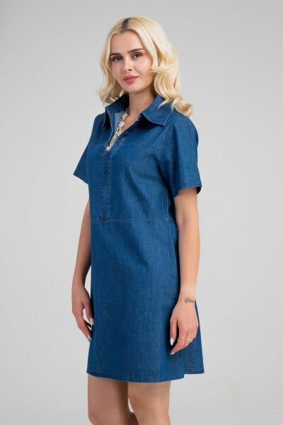 Kadın İndigo Yarım Pat Fermuarlı Kısa Kollu Gömlek Yakalı İnce Kot  Elbise indigo koyu mavi - 2XL